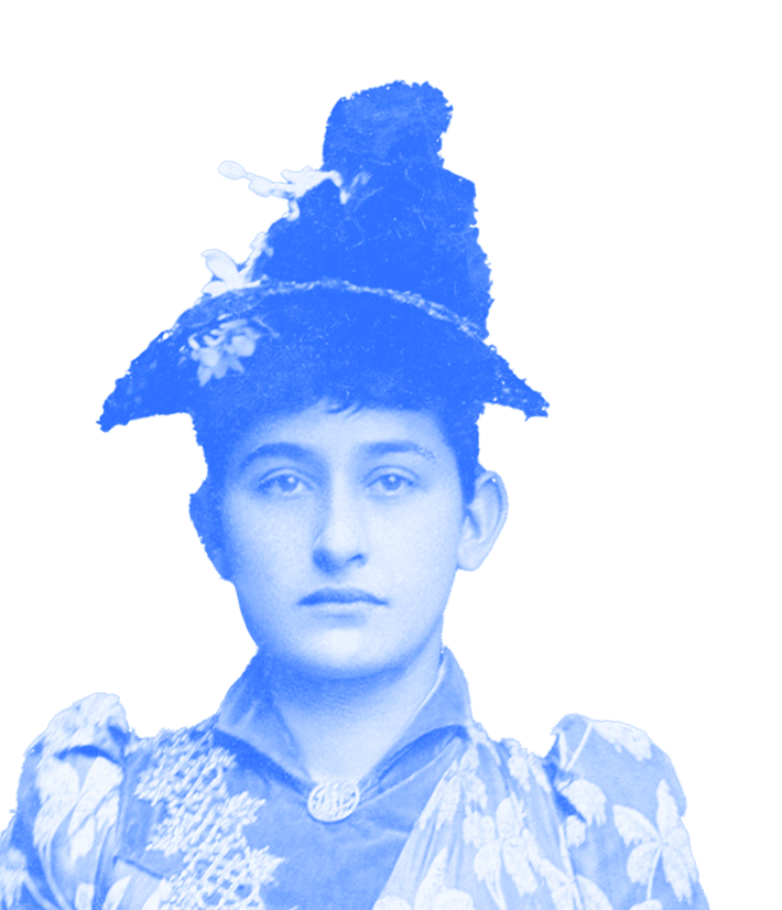 A woman in vintage clothing and a large hat stares forward, her image tinted blue on a plain background.