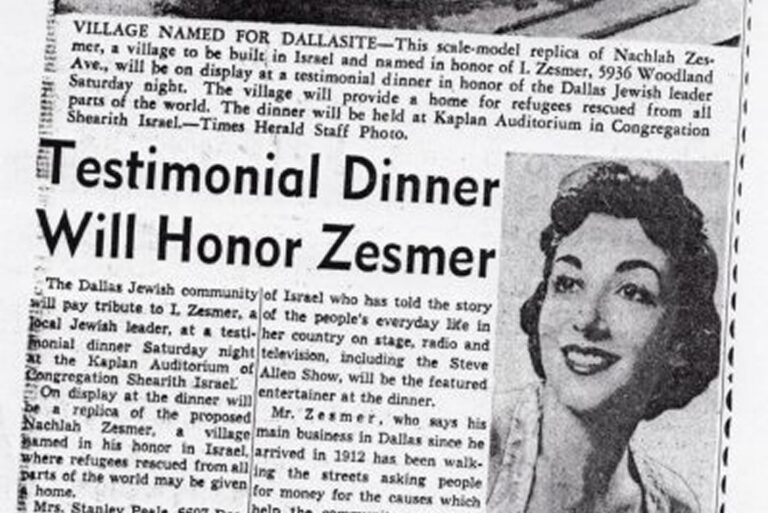 Old newspaper clipping with headline “Testimonial Dinner Will Honor Zesmer” and a black-and-white photo of a smiling woman.