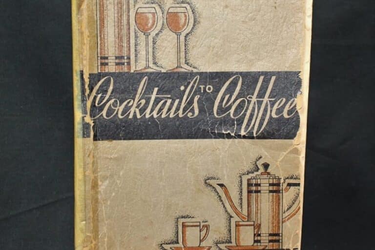 Vintage book cover with “Cocktails to Coffee” text, illustrations of glasses, teacups, and a coffee pot on a worn background.