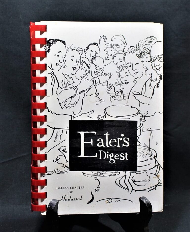 Black and white illustrated cookbook cover titled “Eater’s Digest” with people enjoying food, spiral bound with red spine.