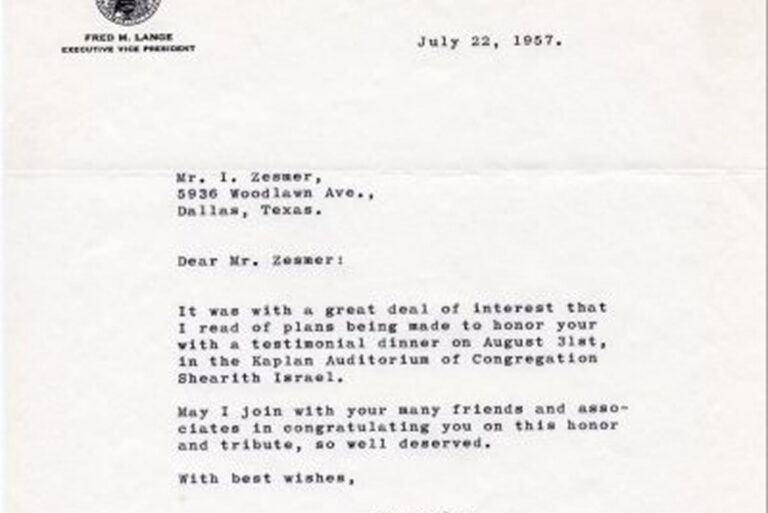 Typed letter dated July 22, 1957, congratulating Mr. I. Zesmer on an honor at Congregation Shearith Israel.