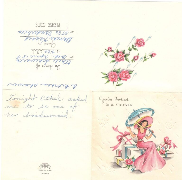 A vintage bridal shower card with a woman in pink and floral designs, featuring handwritten notes inside.