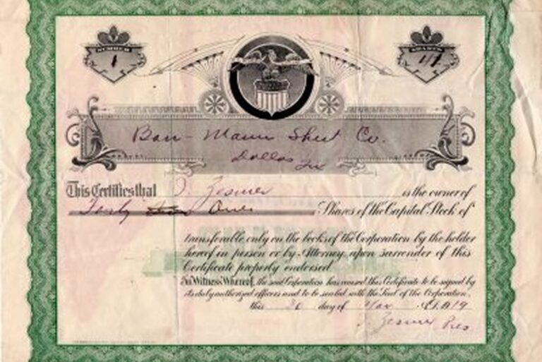 A vintage stock certificate with green borders and handwritten details, featuring an eagle emblem at the top center.