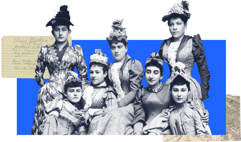Six women in vintage dresses and hats pose together, with a blue rectangle in the background and handwriting overlayed.