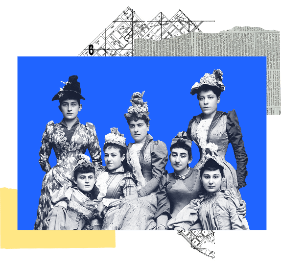 Seven women in vintage dresses and hats pose together against a blue background with layered paper textures.