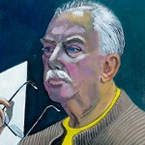 Painting of an older man with gray hair and mustache, wearing a yellow shirt and brown jacket, holding eyeglasses.