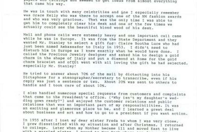 A typewritten page displays text detailing personal experiences and correspondence with various people.