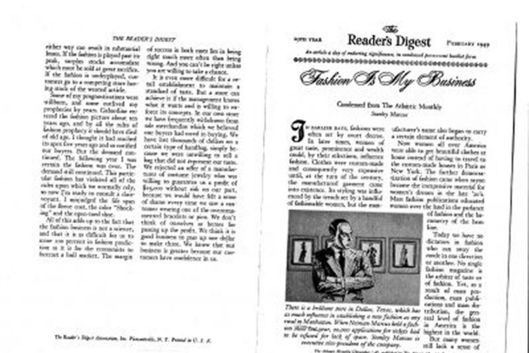 Two pages of a magazine, one with text columns, the other with an article and an illustration of a man in a suit.