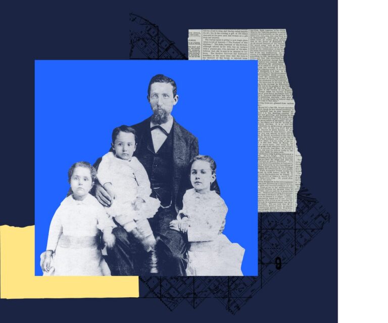 A man in a suit sits with three young children, overlaid on colorful shapes and a background of text and map.