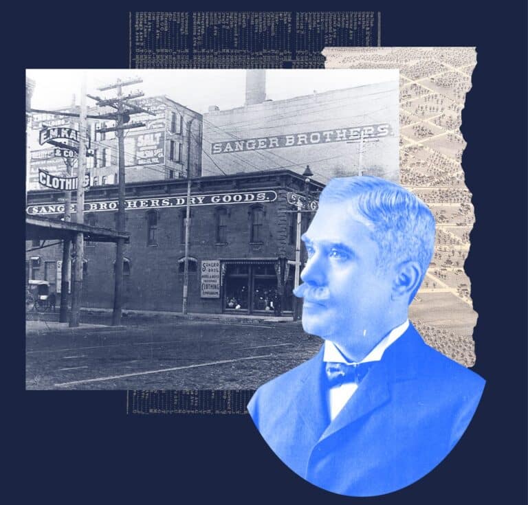 A blue-tinted portrait of a man overlaid on a vintage photo of Sanger Brothers dry goods store.