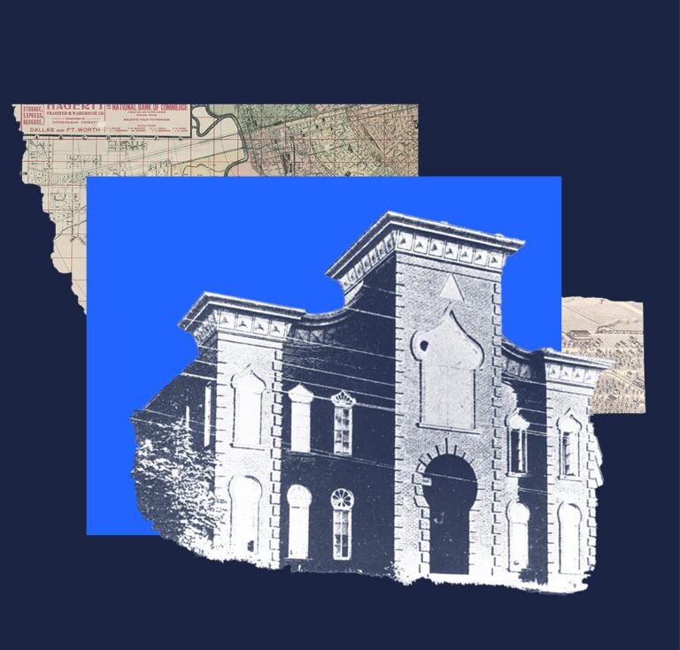 Black-and-white historic building overlaid on blue and vintage map backgrounds, all on a dark background.
