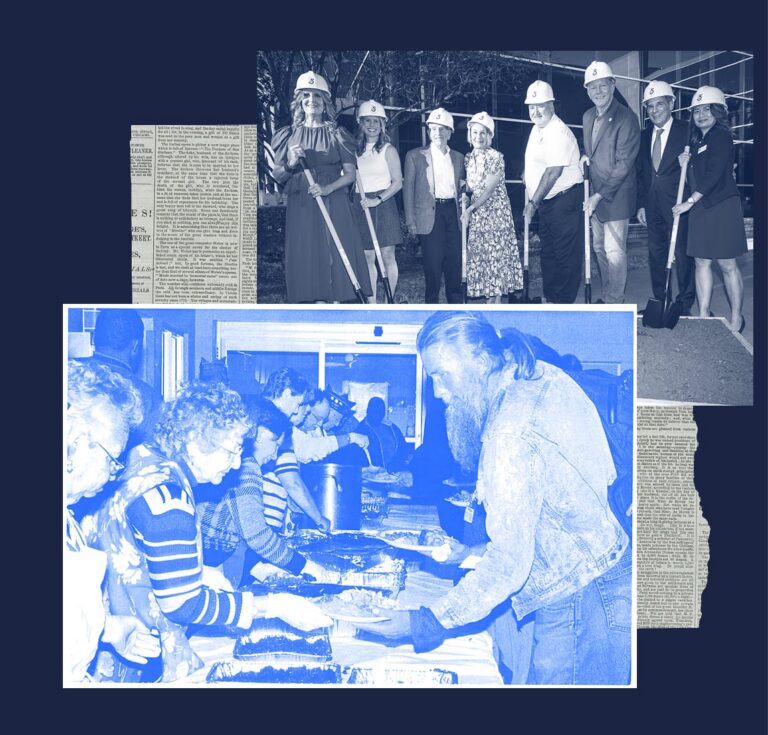 People in hard hats with shovels pose outdoors; others serve food in a busy indoor setting.