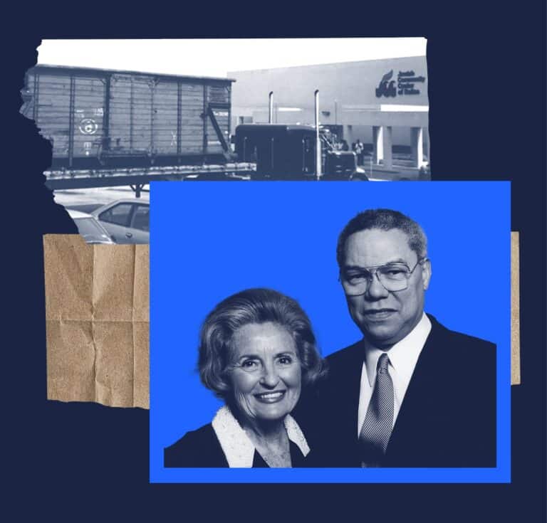 A smiling older couple in front of a blue background, with a vintage train and building image behind them.