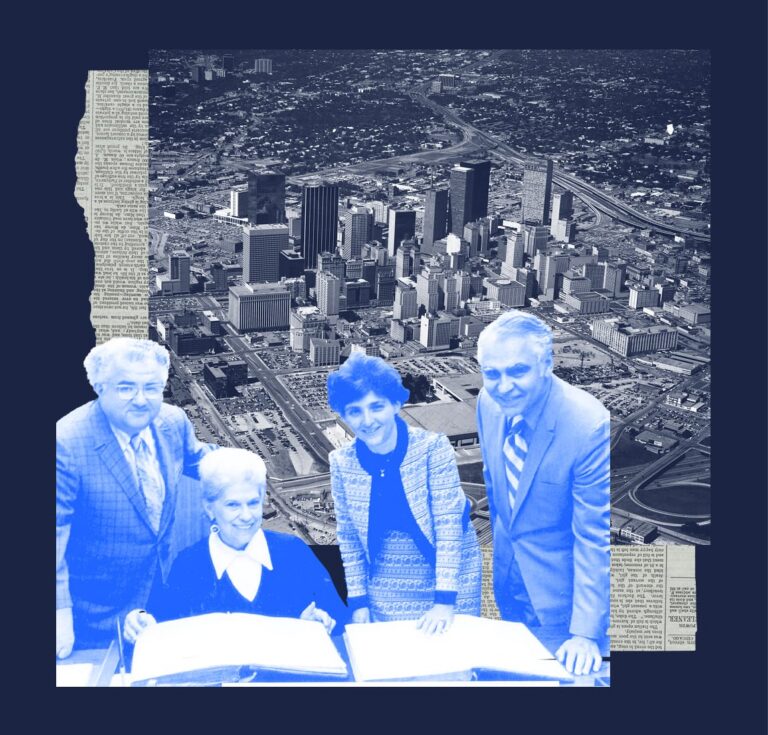 Four people pose with books in front of a black and white cityscape and newspaper clippings, tinted in blue.