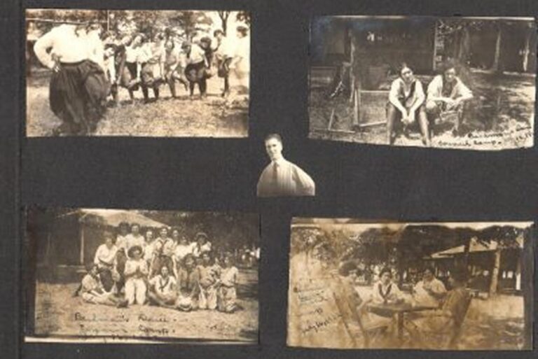 Four vintage photos and a cut-out portrait on a black background, showing groups of people outdoors in historical dress.