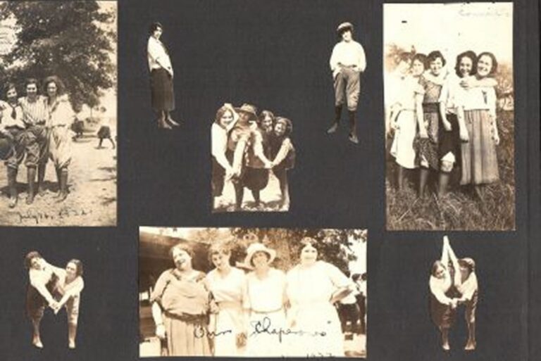 Vintage sepia photos of women posing together outside in various groupings, smiling and holding hands.