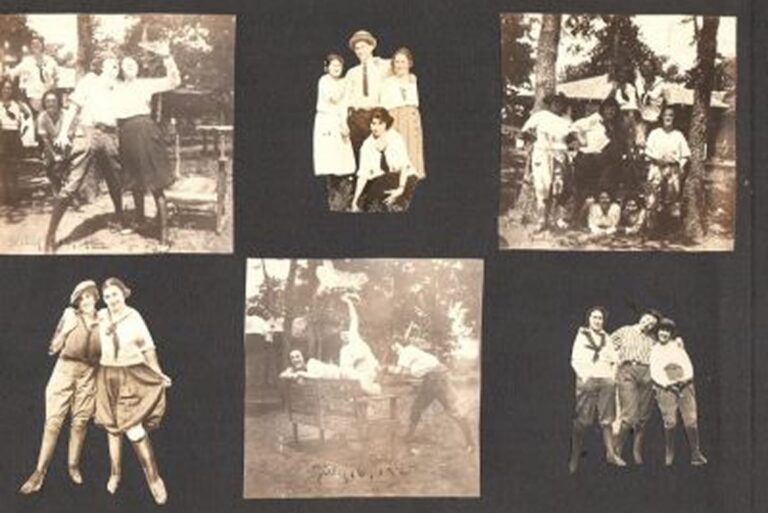 Six sepia-toned vintage photos of women in outdoorsy attire, posing playfully in various group settings.