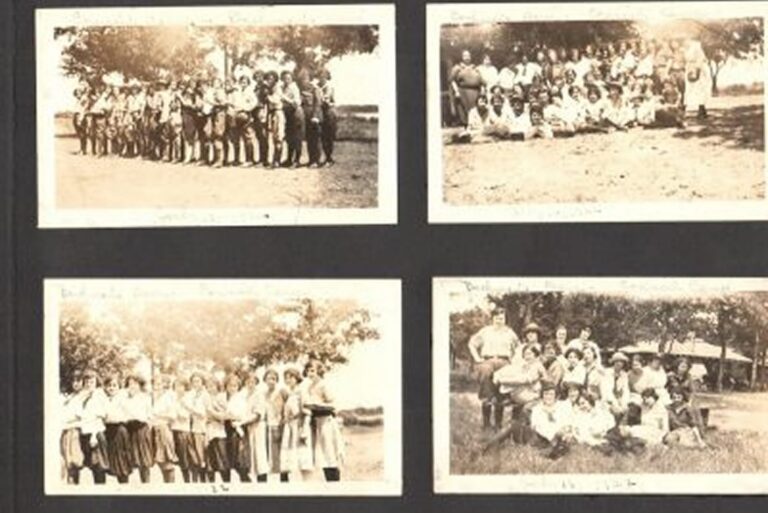 Four old sepia photos show groups of people outdoors, standing or sitting together under trees.