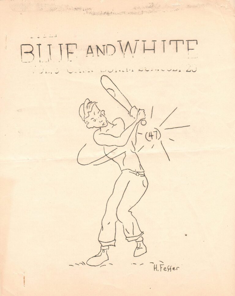 Cartoon baseball player swinging bat, number 47 on shirt, “BLUE AND WHITE” text above, hand-drawn style.