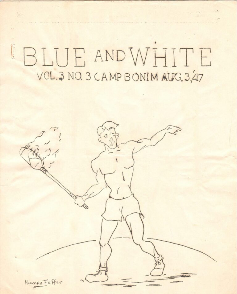Line drawing of a man playing lacrosse under the title “Blue and White, Vol. 3 No. 3, Camp Bonim, Aug. 3, ’47”.