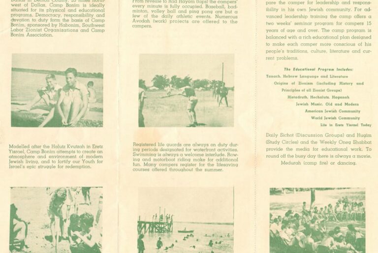 Vintage brochure with text and sepia photos of children swimming, playing sports, and gathered in outdoor camp activities.