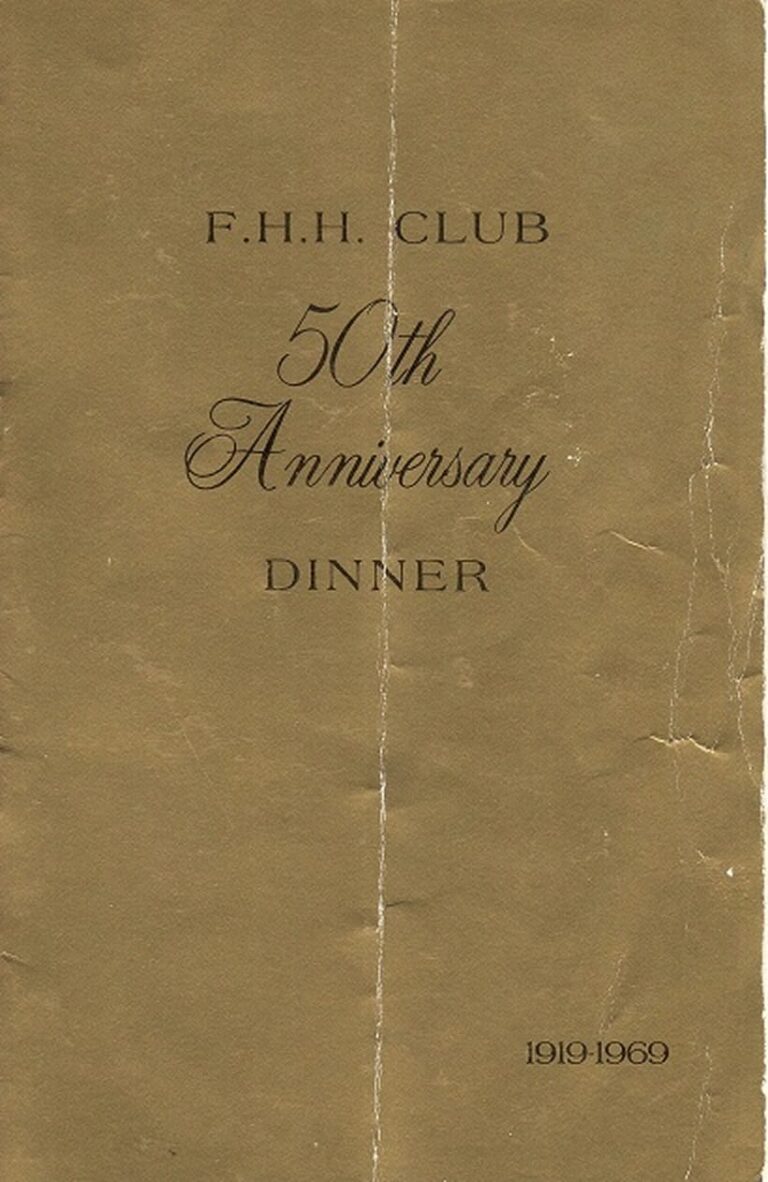 Gold program cover reads: “F.H.H. Club 50th Anniversary Dinner, 1919-1969” with visible creases down the center.
