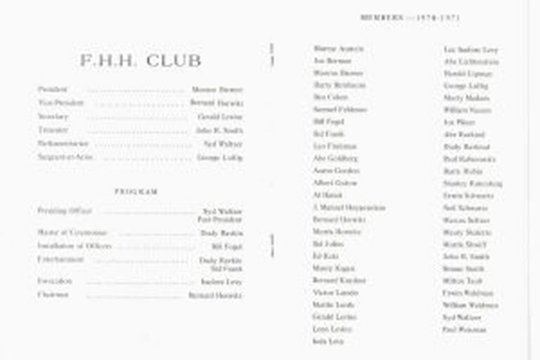 A typed club program lists names, roles, and a roster of members for the F.H.H. Club, 1970–1971.