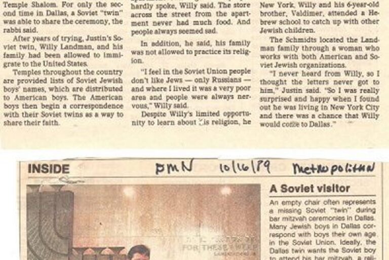 A newspaper clipping about a Soviet visitor, featuring an article and a picture of a man and two children sitting at a table.