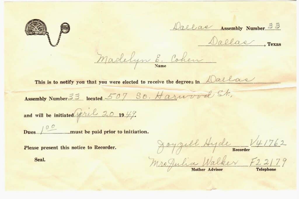 Yellowed certificate notifying Madelyn E. Cohen of election for initiation in Dallas on April 20, 1949; handwritten details.