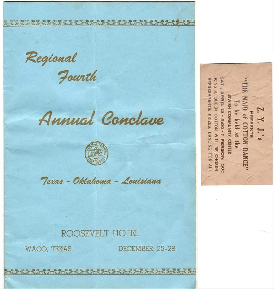 Blue event booklet and tan dance ticket for a conclave at Roosevelt Hotel, Waco, Texas, December 25-28.