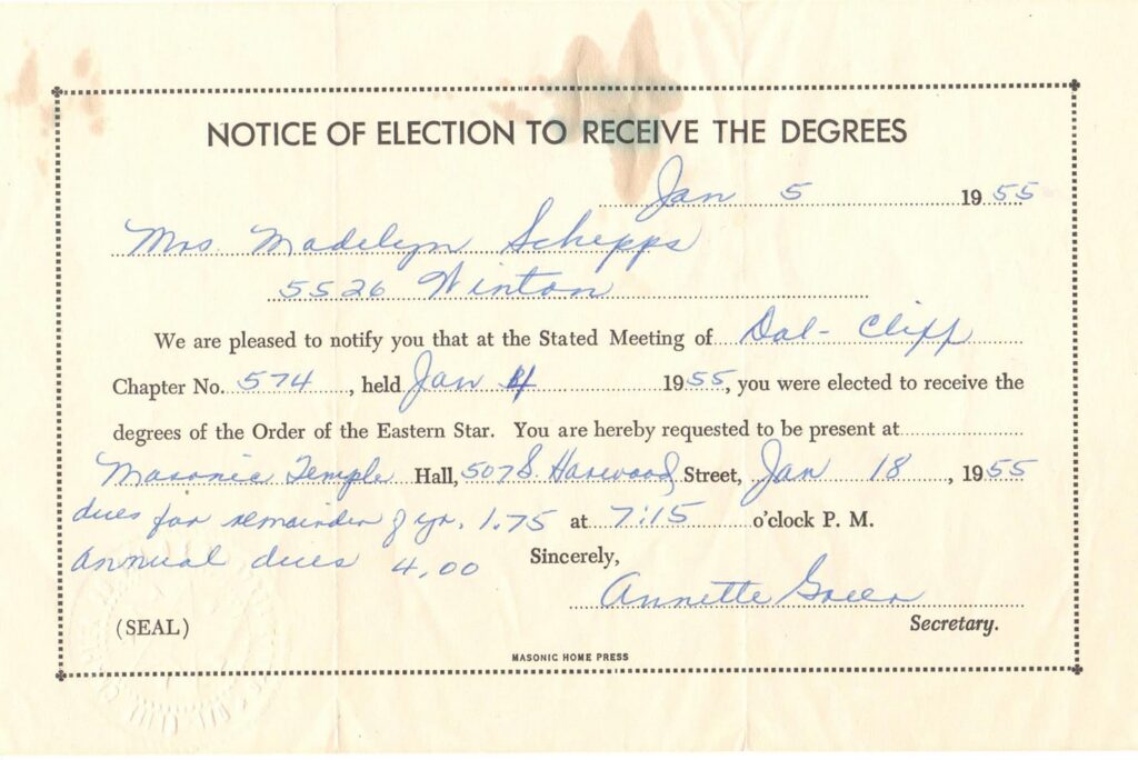 Completed degree election notice for Mrs. Madelynn Schepps, with handwritten dates and meeting details, 1955.