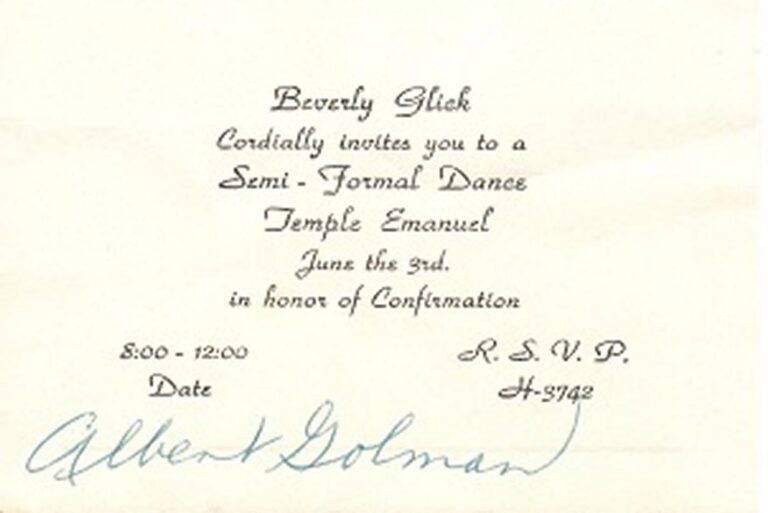 Invitation to a semi-formal dance at Temple Emanuel on June 3rd, in honor of Confirmation. RSVP requested.