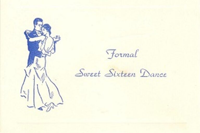 A couple dances in formal attire next to the text “Formal Sweet Sixteen Dance” on a cream background.
