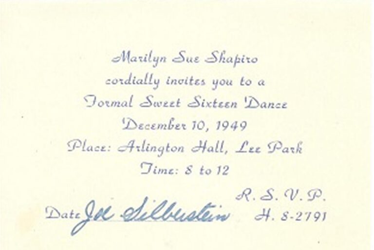 Formal Sweet Sixteen invitation for Marilyn Sue Shapiro, December 10, 1949, at Arlington Hall, Lee Park, 8 to 12.