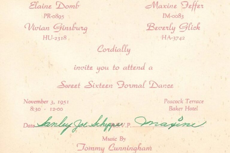 A formal invitation to a Sweet Sixteen dance on November 3, 1951, with handwritten signatures at the bottom.
