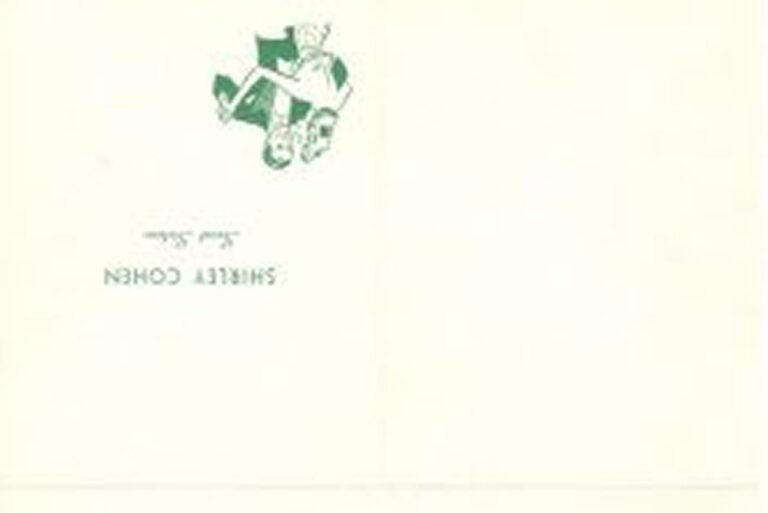 Upside-down green sketch of two people, with text “SHIRLEY COHEN” and “kind salon” on a white background.