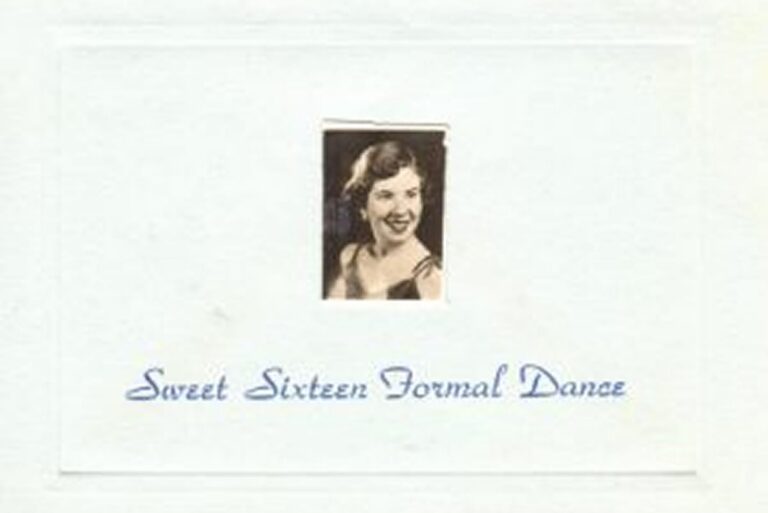 Small photo of a smiling young woman above blue text reading “Sweet Sixteen Formal Dance” on a white card.