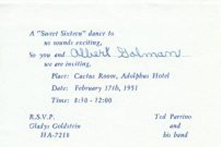 Sweet Sixteen dance invite, includes handwritten name, date, time, location, and RSVP info, all typed on white card.