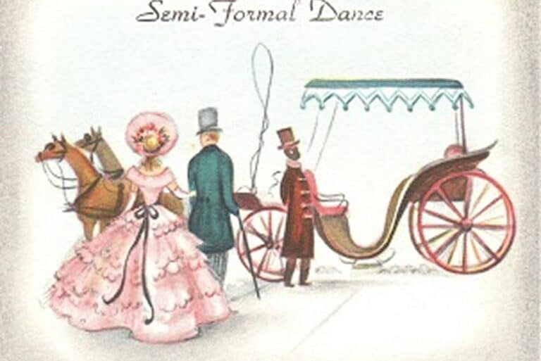 A woman in a pink gown and a man stand by a horse-drawn carriage labeled “Semi-Formal Dance.”.