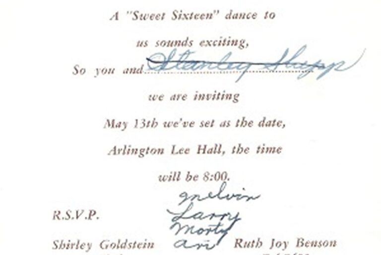 Sweet sixteen dance invitation with handwritten names “Stanley Hopp,” “grulin,” “Larry,” “mort,” and “avi” added.