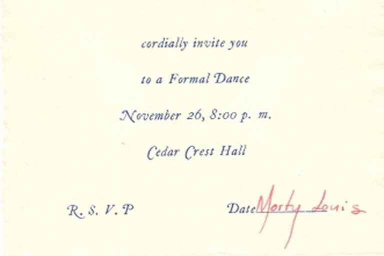 Invitation to a formal dance on November 26 at 8:00 p.m. at Cedar Crest Hall, RSVP, with a handwritten signature.