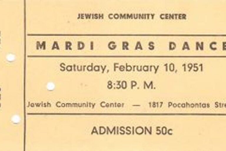 Vintage ticket for a Mardi Gras dance at the Jewish Community Center on February 10, 1951. Admission 50 cents.