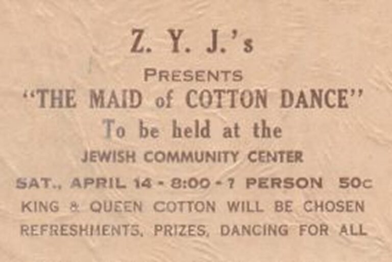 Dance event ticket for “The Maid of Cotton Dance” at Jewish Community Center, April 14, 8:00, admission 50¢.