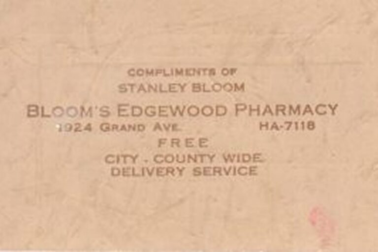 A vintage card for Bloom’s Edgewood Pharmacy, offering free city and county-wide delivery service.