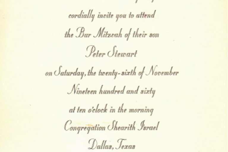 Formal Bar Mitzvah invitation with cursive text detailing event date, time, location, and honoree’s name.
