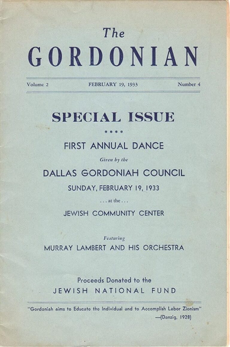 Light blue event flyer for the 1933 Dallas Gordoniah Council dance, with event details and fundraising info.