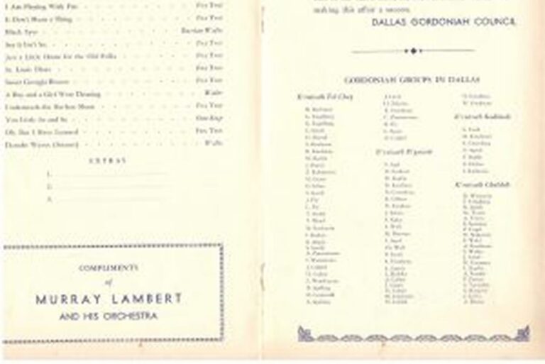 Vintage program listing songs, orchestra members, and groups, with “Compliments of Murray Lambert and His Orchestra.”.