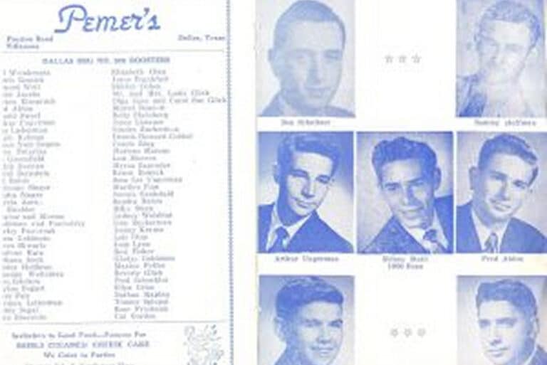 A vintage yearbook page shows a list of names and black-and-white portraits of six young men in suits.