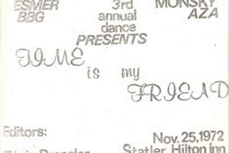 Dance invitation reading: “TIME is my FRIEND,” Nov. 25, 1972, Statler Hilton Inn; other event details included.