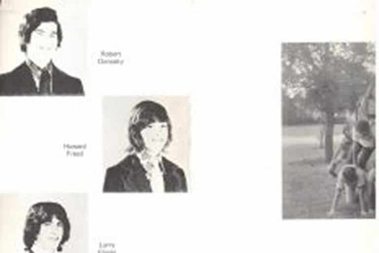 Black and white yearbook photos of three young men on the left; a group sits outside near a tree on the right.